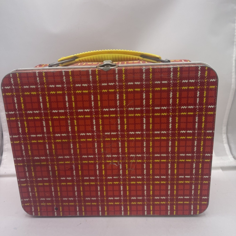 VTG RED PLAID ORIG METAL LUNCHBOX 1950's NICE COND BRIGHT COLORS